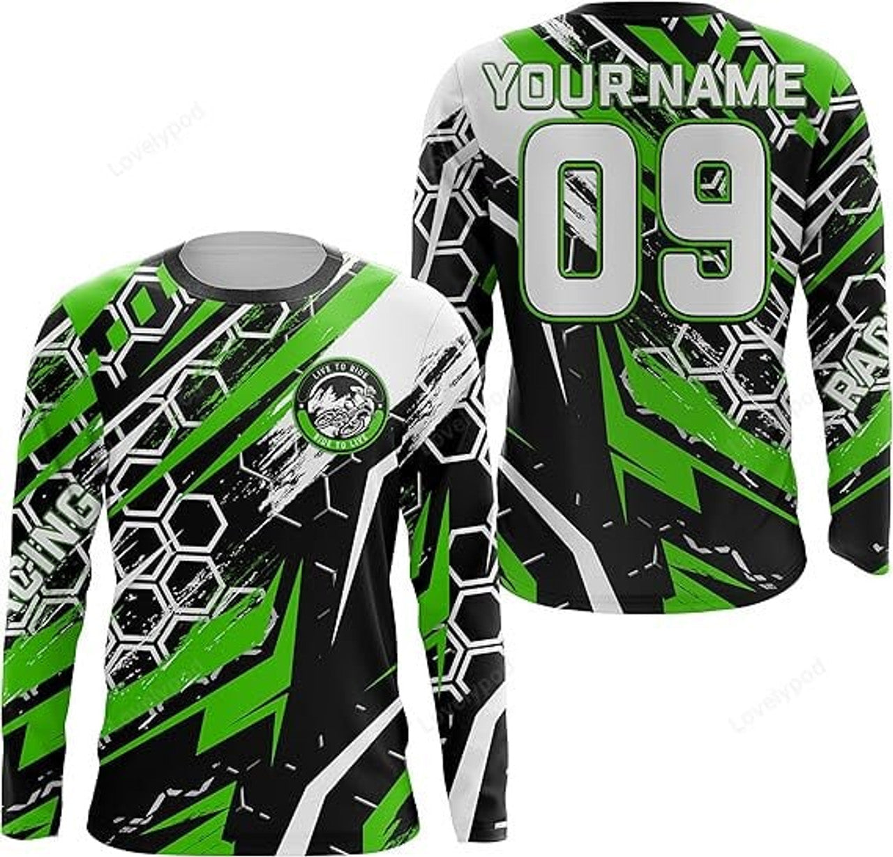 FUNSTUFFPRINT Custom Dirt Bike Jersey Men Women, Green Motocross Off-Road Long Sleeve MX Racing Shirt 3D Long Sleeve T-Shirt