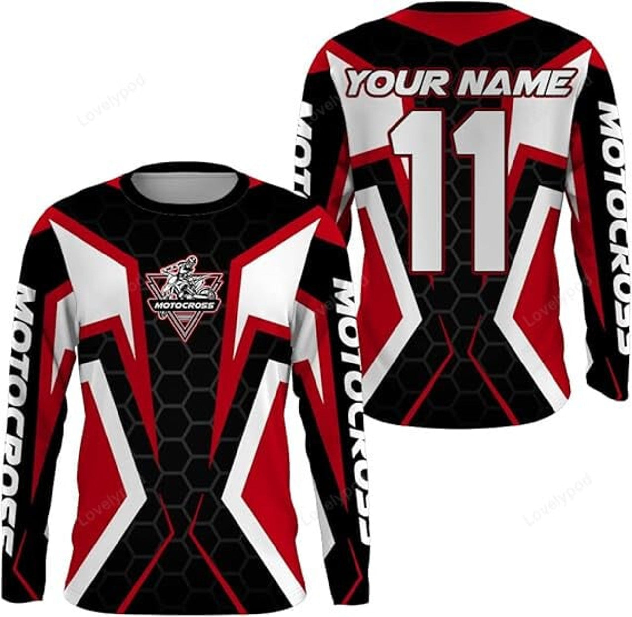 FUNSTUFFPRINT Custom Dirt Bike Jersey Men Women, Red Motocross Off-Road Long Sleeve MX Racing Shirt 3D Long Sleeve T-Shirt