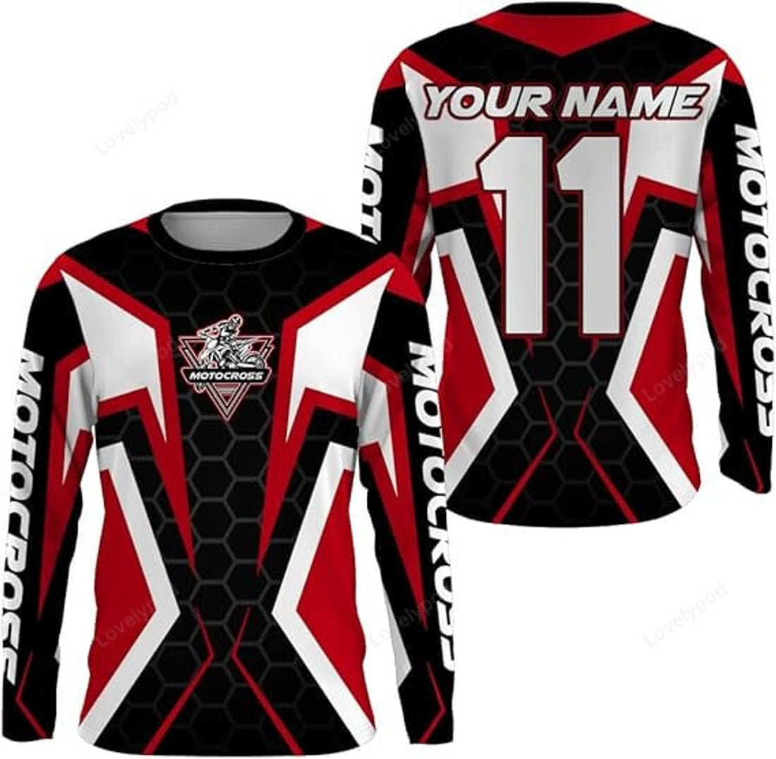 FUNSTUFFPRINT Custom Dirt Bike Jersey Men Women, Red Motocross Off-Road Long Sleeve MX Racing Shirt 3D Long Sleeve T-Shirt