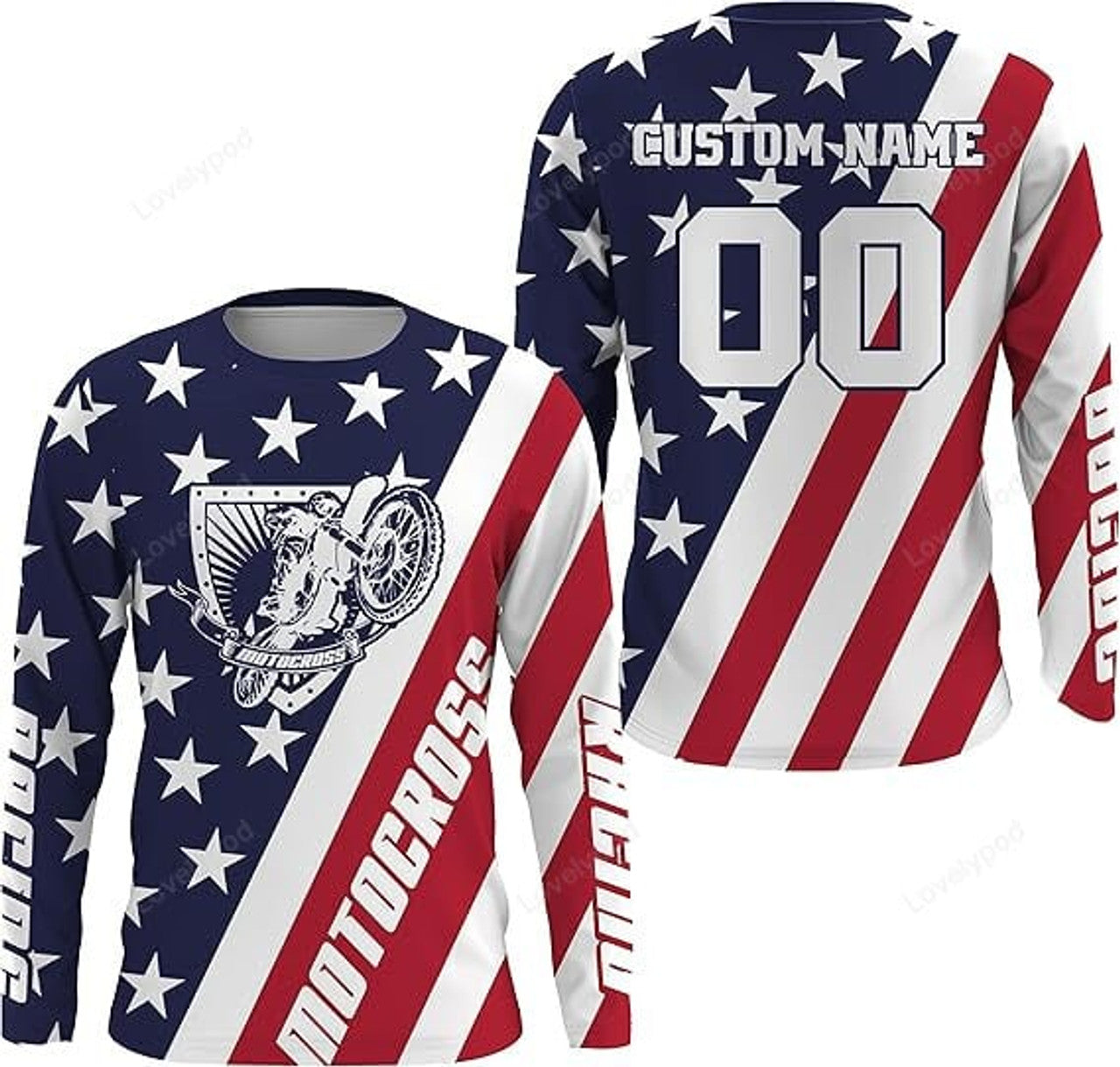 FUNSTUFFPRINT Custom Motocross Jersey American Flag Dirt Bike Racing Shirt, Off-Road Rider Racewear for Men 3D Long Sleeve T-Shirt
