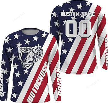 FUNSTUFFPRINT Custom Motocross Jersey American Flag Dirt Bike Racing Shirt, Off-Road Rider Racewear for Men 3D Long Sleeve T-Shirt