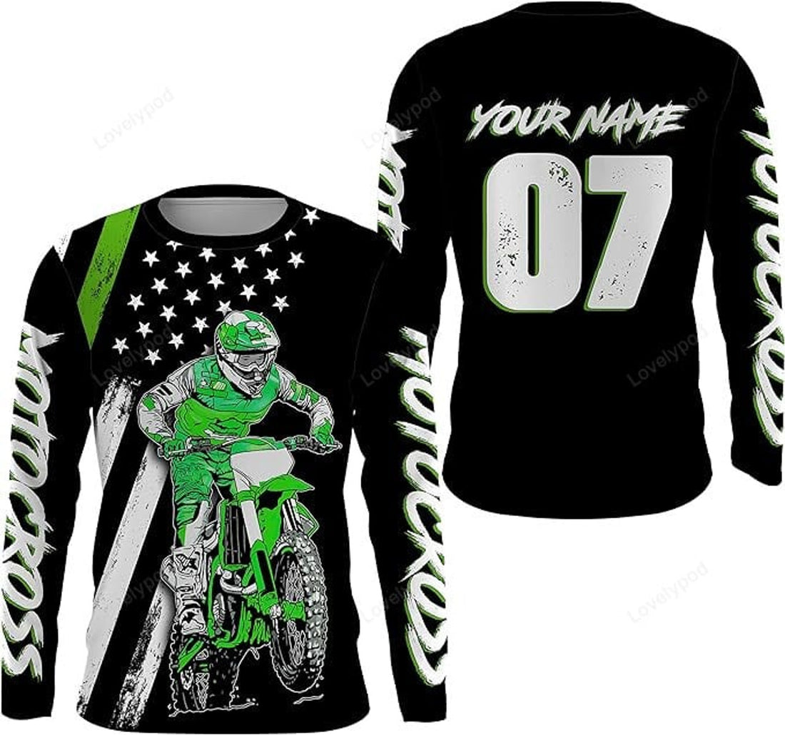 FUNSTUFFPRINT Custom American Flag Motocross Jersey Personalized Patriotic Dirt Bike Racing Shirt 3D Long Sleeve T-Shirt