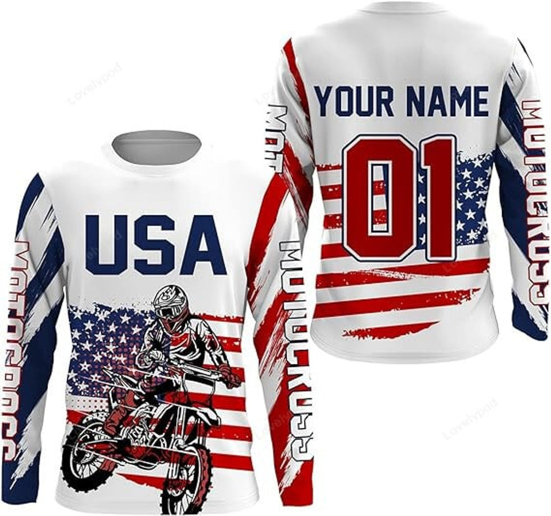 FUNSTUFFPRINT Custom American Flag Motocross Jersey Patriotic Dirt Bike Racing Shirt 3D Long Sleeve T-Shirt