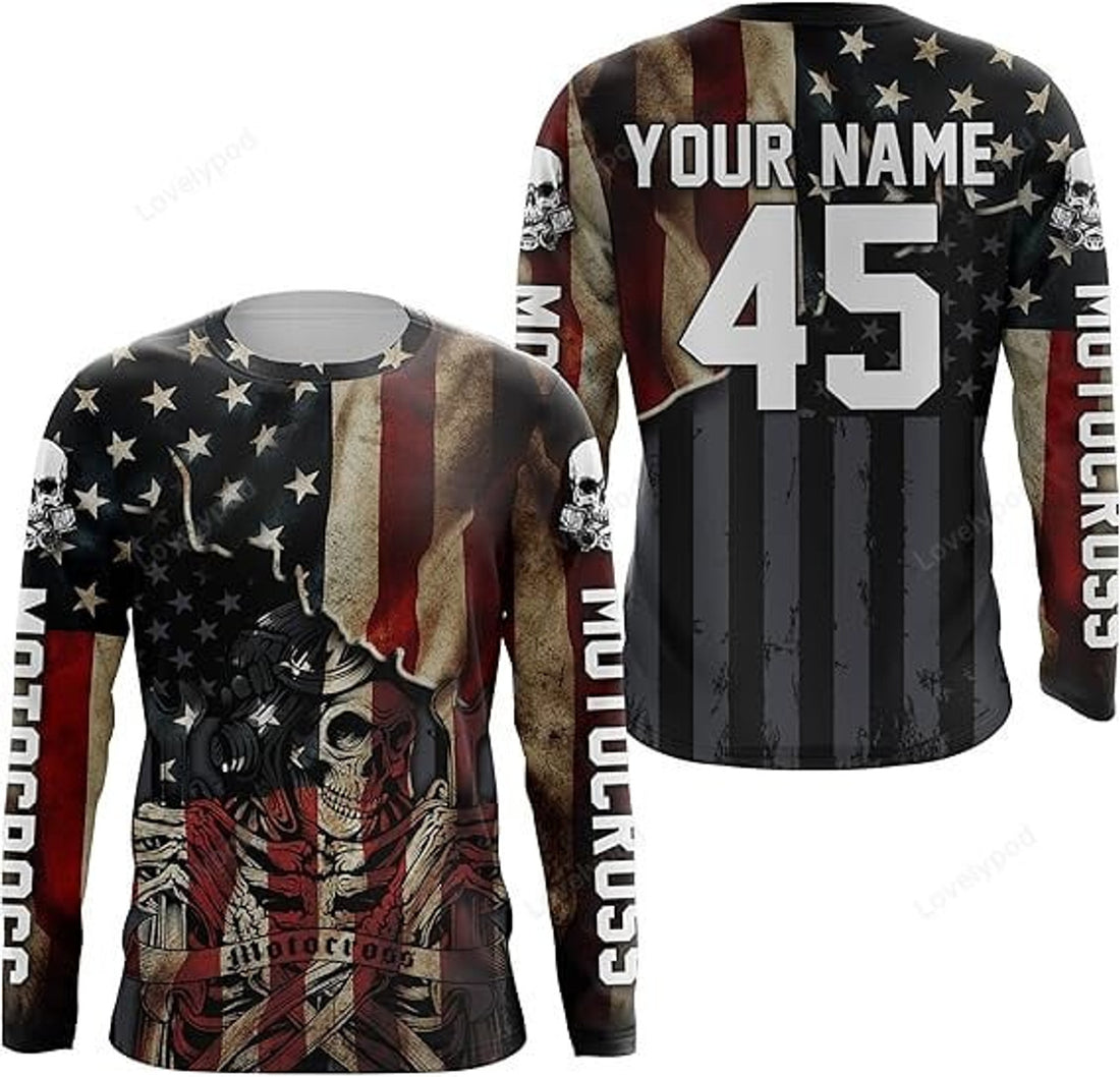 FUNSTUFFPRINT Custom Patriotic Motocross Jersey, Custom Name Number American Flag Adult MX Racing Motorcycle 3D Long Sleeve T-Shirt