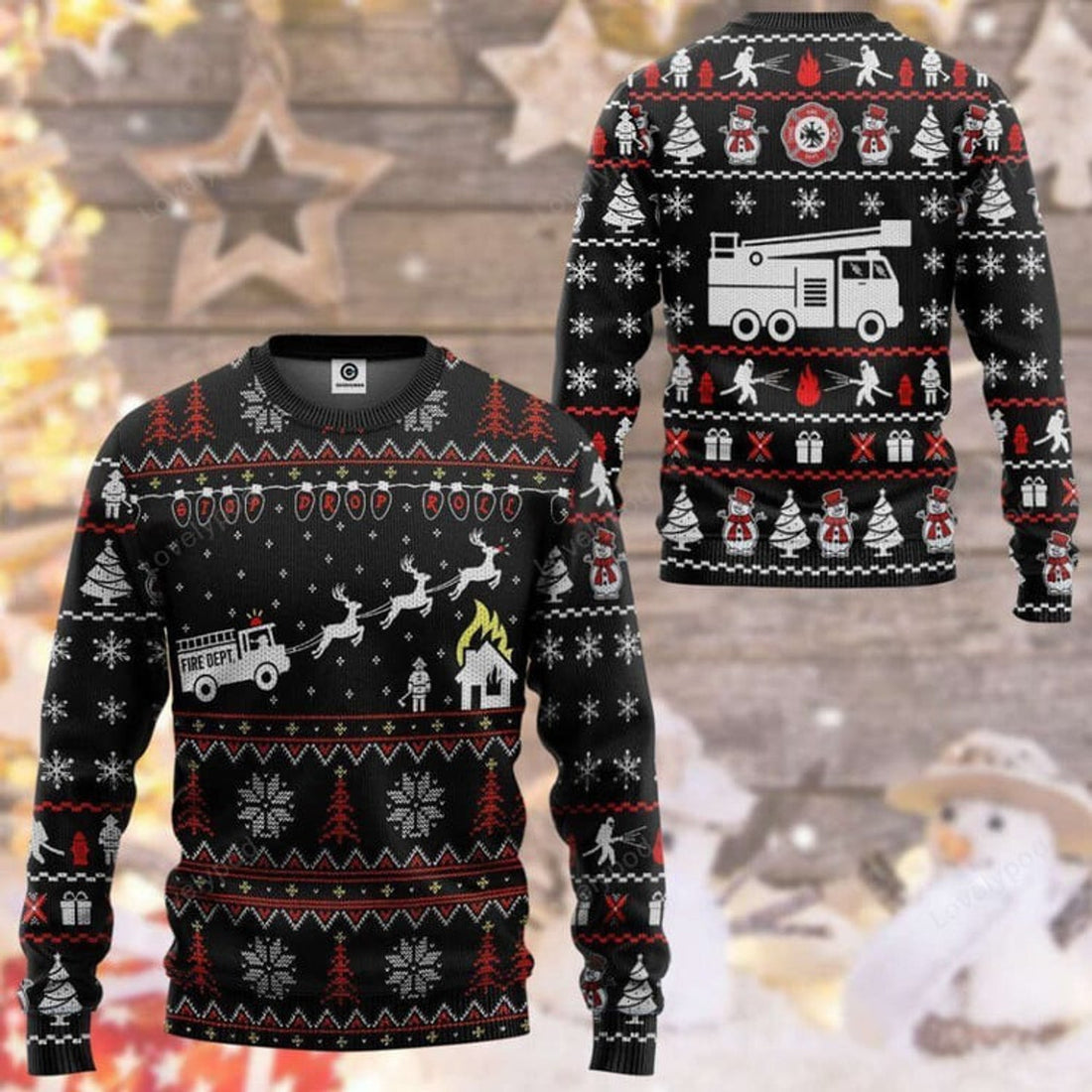 FUNSTUFFPRINT Get Festive with Firefighter Fire Dept Ugly Christmas Sweater - Gift For Christmas Day Ugly Sweater