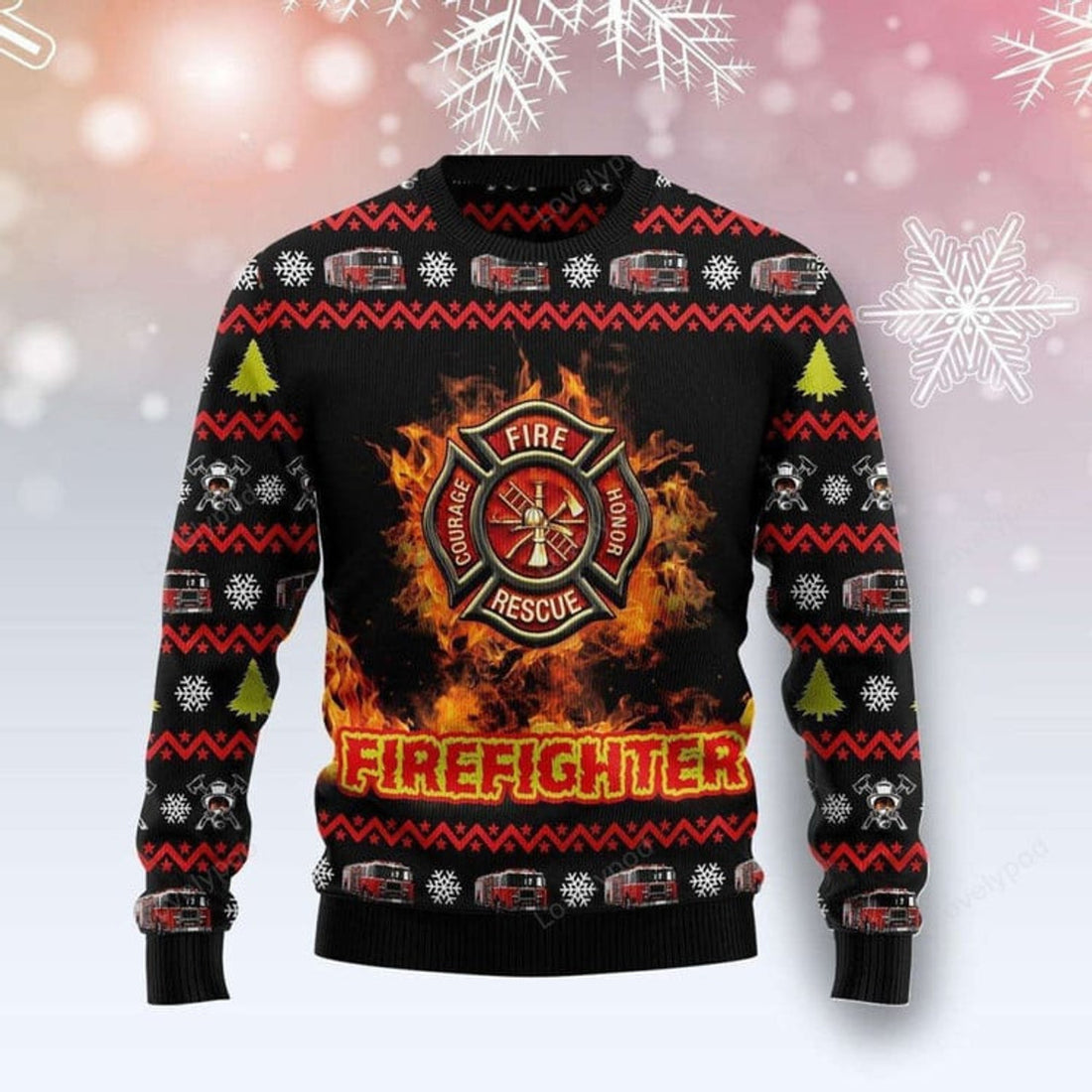 FUNSTUFFPRINT Festive Firefighter Ugly Christmas Sweater for Men & Women, Firefighter sweatshirt christmas Ugly Sweater