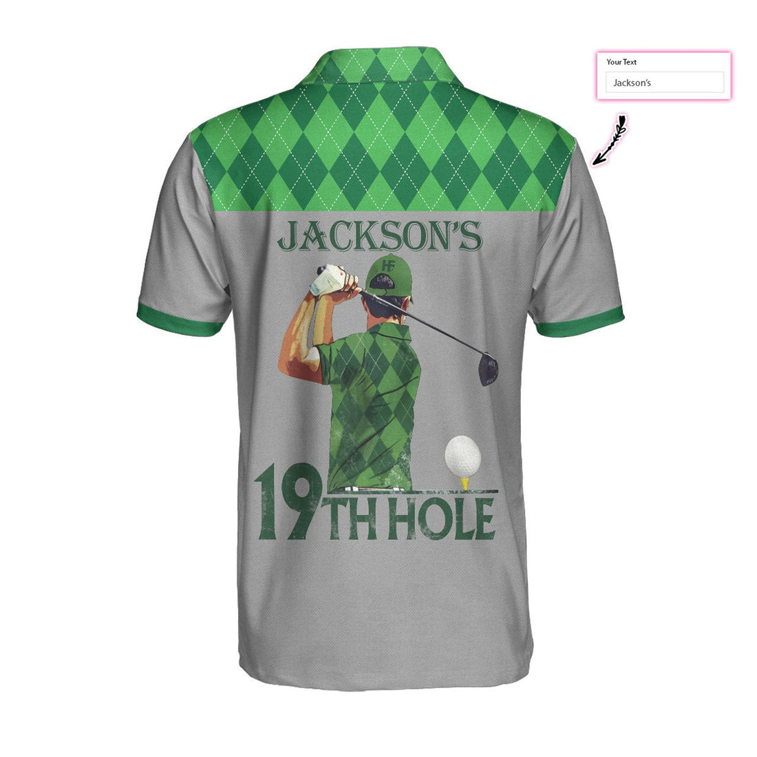 Custom 19th Hole Custom Men Polo Shirt, Green Argyle Pattern Golf Shirt For Men, Personalized Golf Gift For Golfers