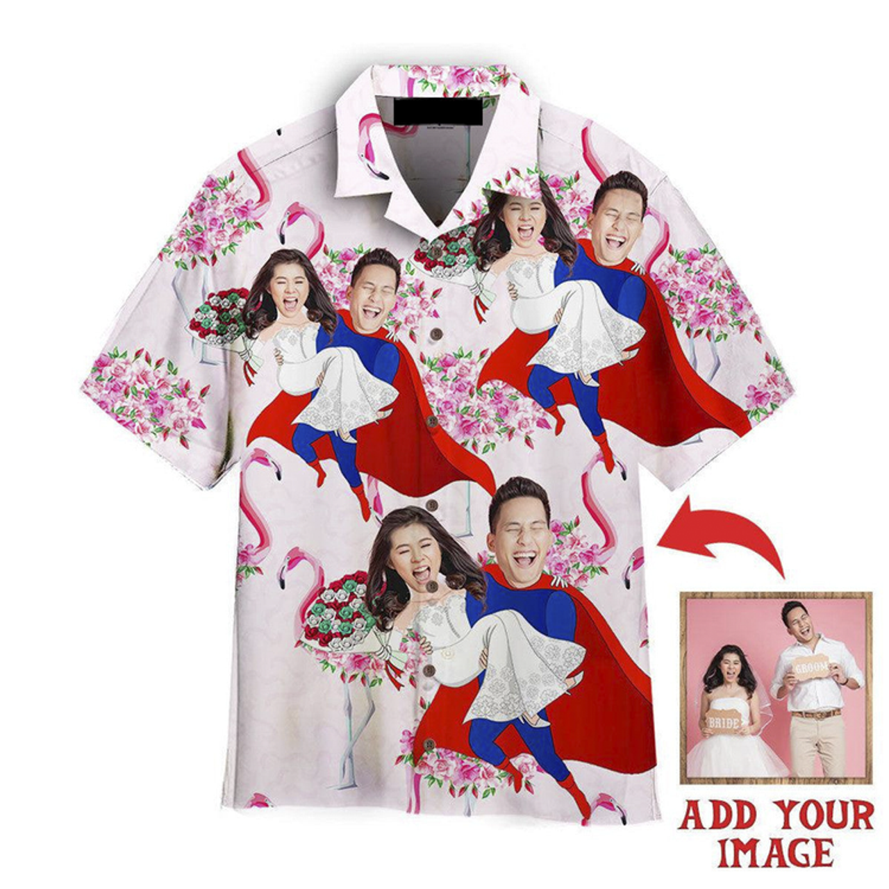 Custom Funny Custom Face Beautiful Happy Wedding Couple Pink Flamingo Custom Hawaiian Shirt, Personalized Hawaiian Shirts, Custom Photo Hawaiian Shirt