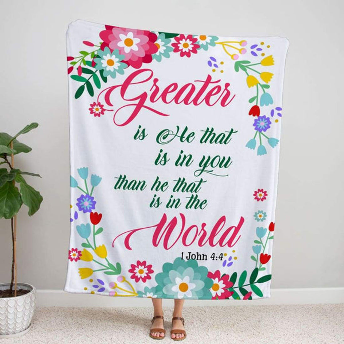 FUNSTUFFPRINT 1 John 44 Greater Is He That Is In You Fleece Blanket - Christian Blanket - Bible Verse Blanket