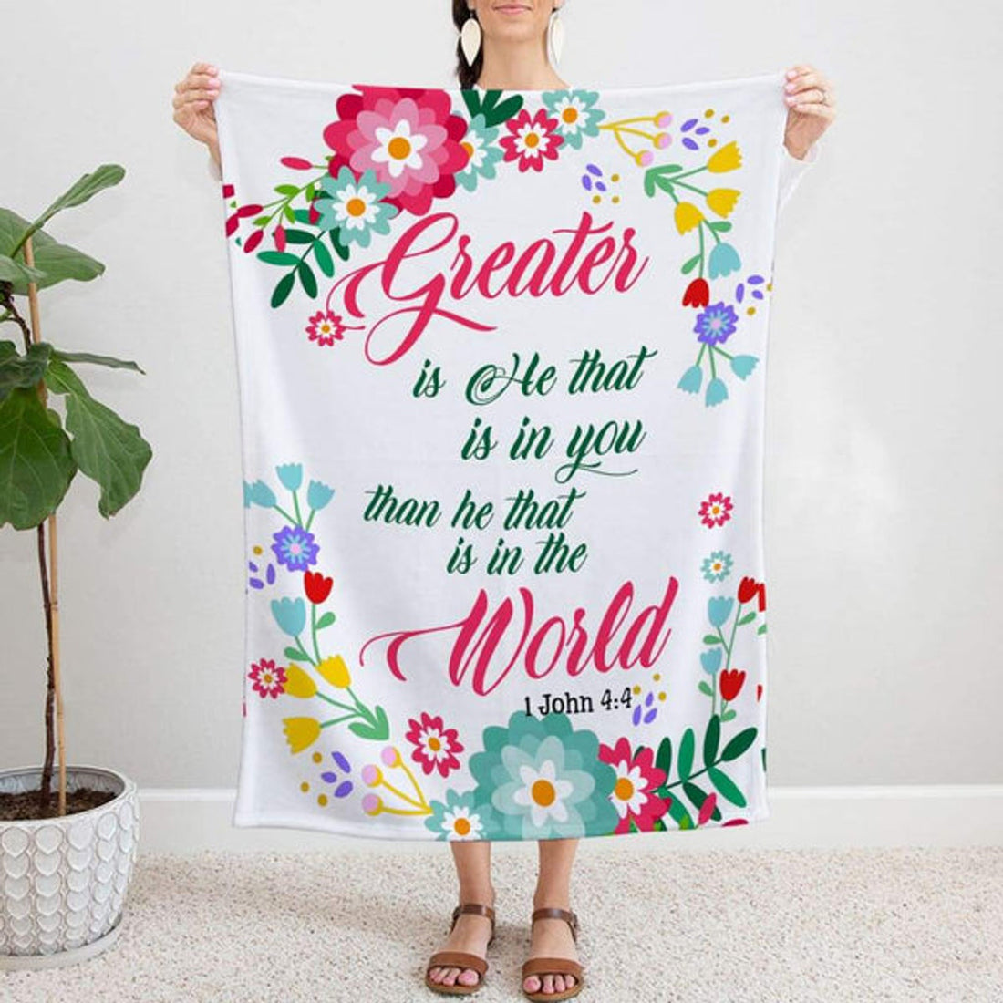 FUNSTUFFPRINT 1 John 44 Greater Is He That Is In You Fleece Blanket - Christian Blanket - Bible Verse Blanket