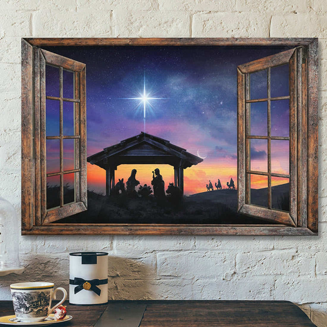 Landscape Jesus Canvas Prints - Bible Verse Canvas - God Wall Art - Wooden Window Beautiful Halo Night - Jesus Christ Poster 