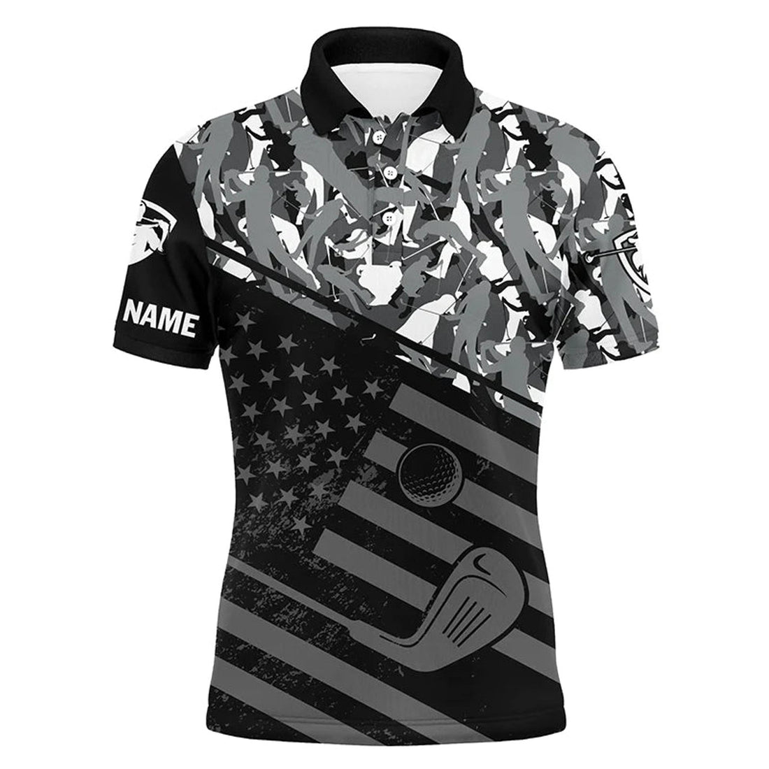 Custom Golf Men Polo Shirt, Camo Polo Custom Name, Black American Flag Patriotic Apparel - Personalized Sports Gift For Men, Husband, Boyfriend, Golf Lovers