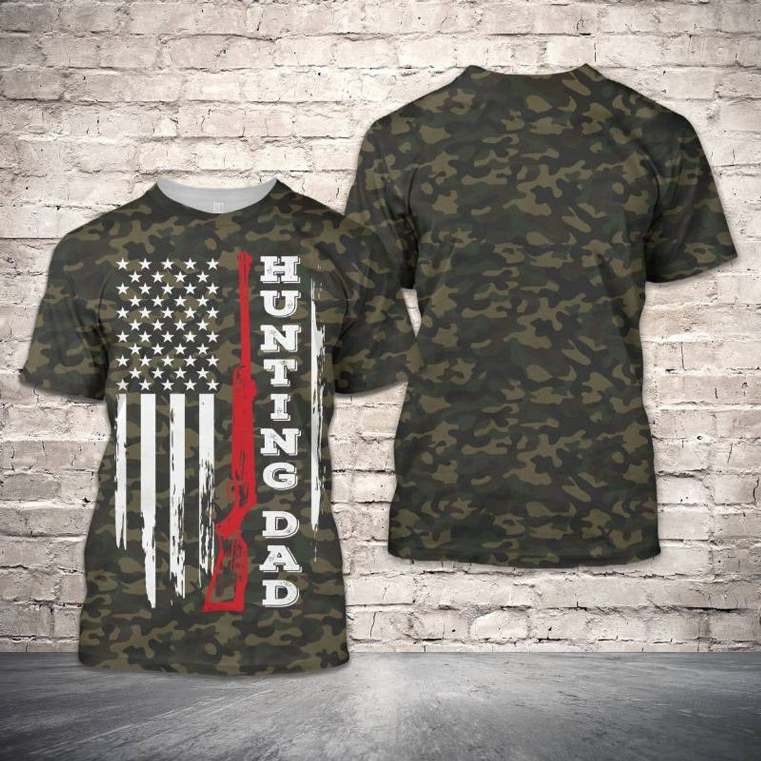 FUNSTUFFPRINT 3D All Over Printing Shirt For Father, Hunting Dad In Usa Flag Background Tee 3D For Dad 3D T-shirt