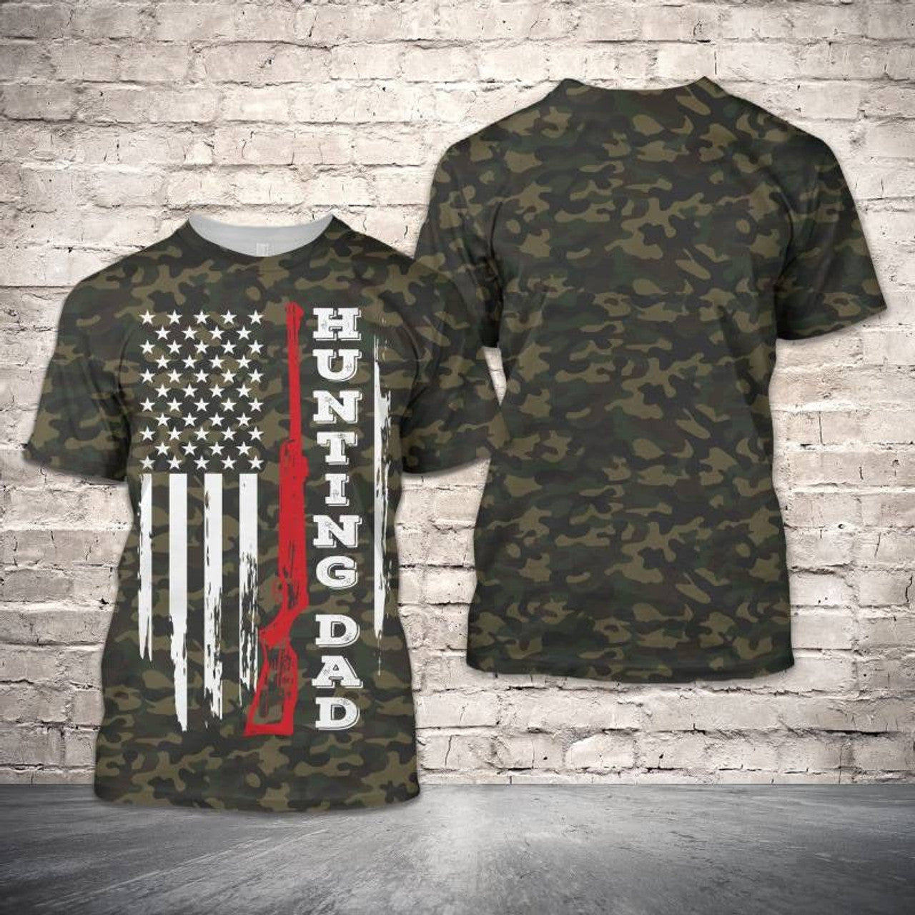 FUNSTUFFPRINT 3D All Over Printing Shirt For Father, Hunting Dad In Usa Flag Background Tee 3D For Dad 3D T-shirt