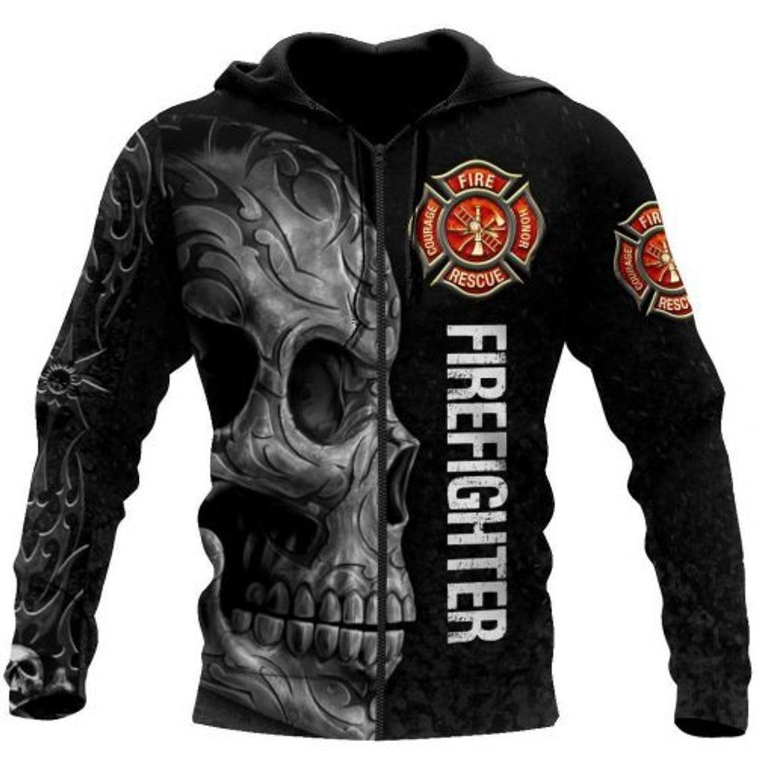 FUNSTUFFPRINT Firefighter Skull 3D Hoodie For Men And Women Black 3D Hoodie and Zip Hoodie
