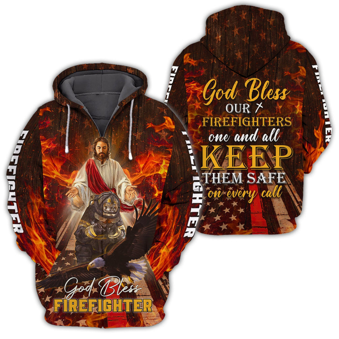 FUNSTUFFPRINT God Bless Firefighter, 3D Full Print 3D Hoodie and Zip Hoodie