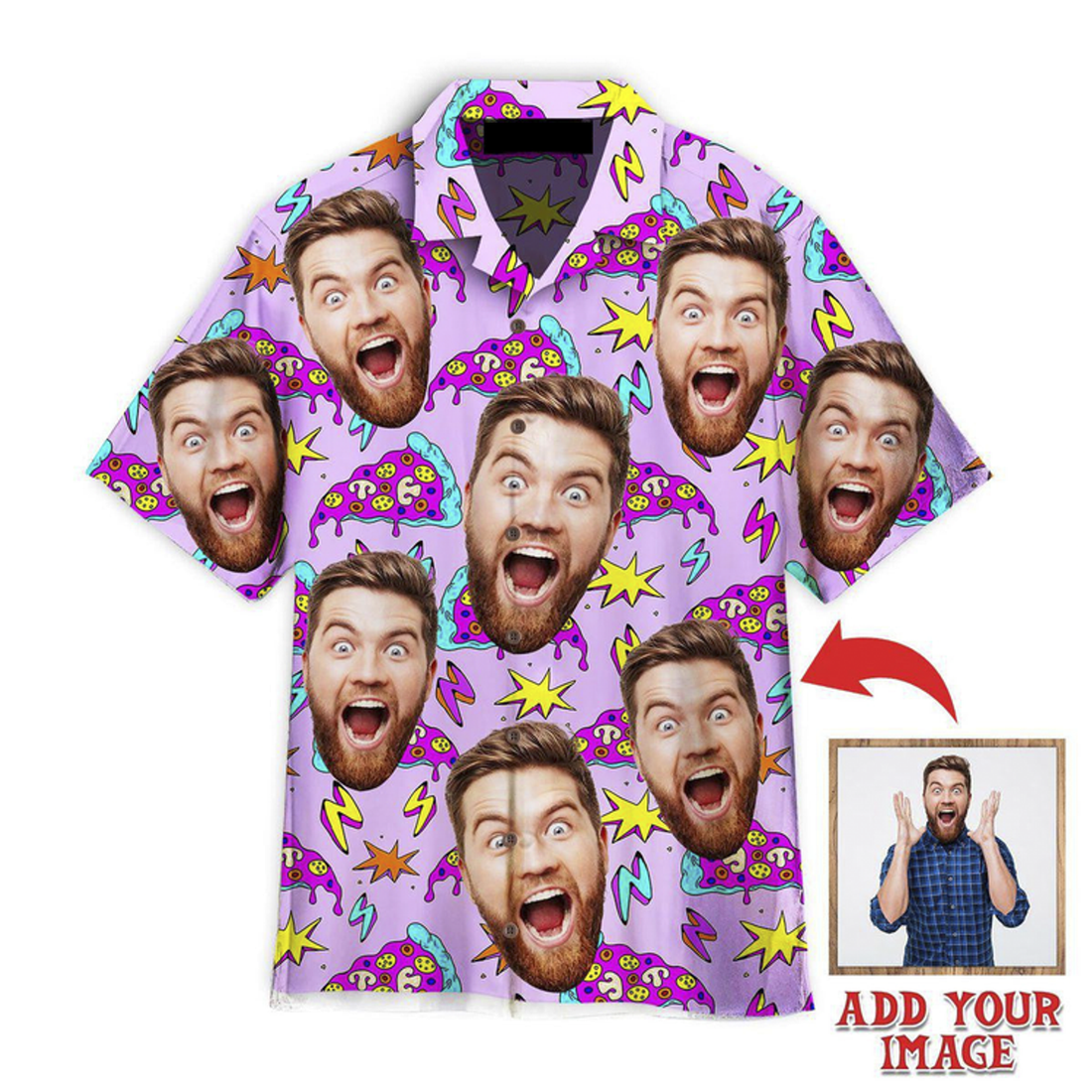 Custom Funny Custom Face Pizza Slices Strikes Custom Hawaiian Shirt, Personalized Hawaiian Shirts, Custom Photo Hawaiian Shirt