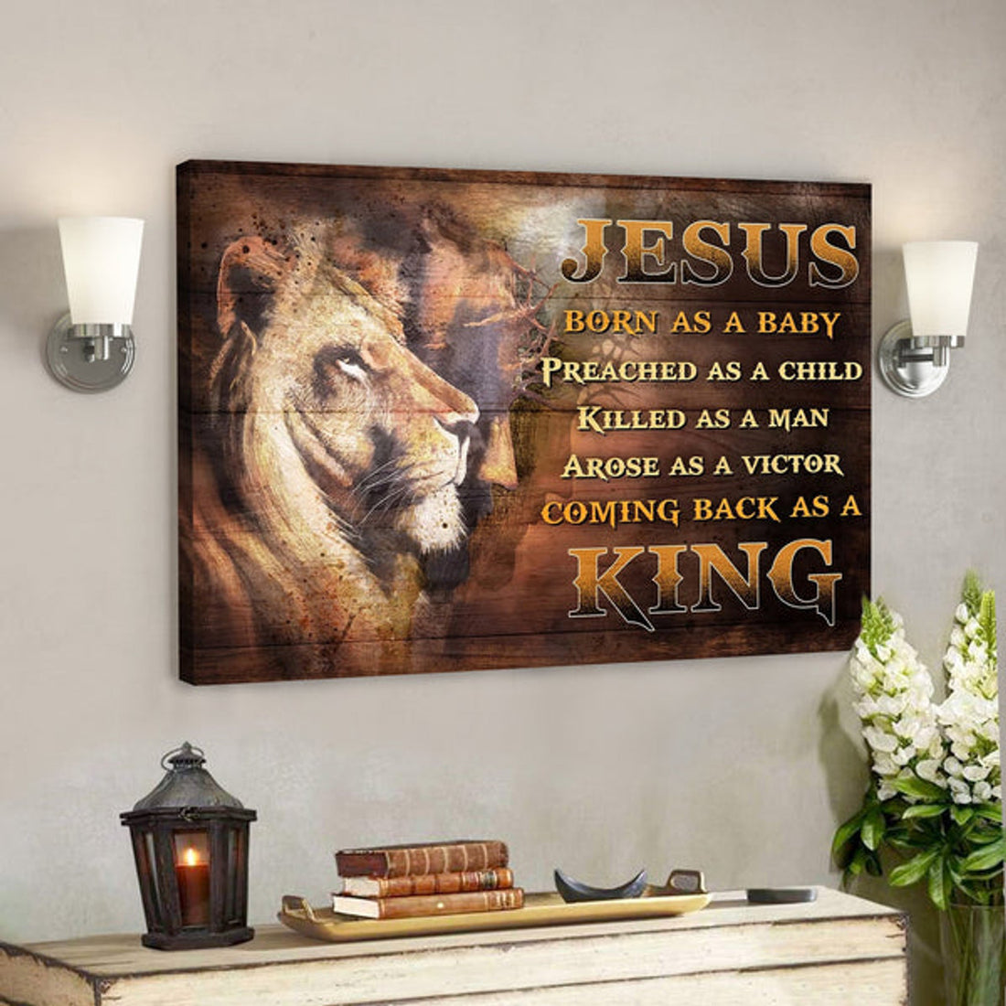 God Jesus Landscape Canvas Prints - God Wall Art - Awesome Lion - Born As A Baby, Come Back As A King 