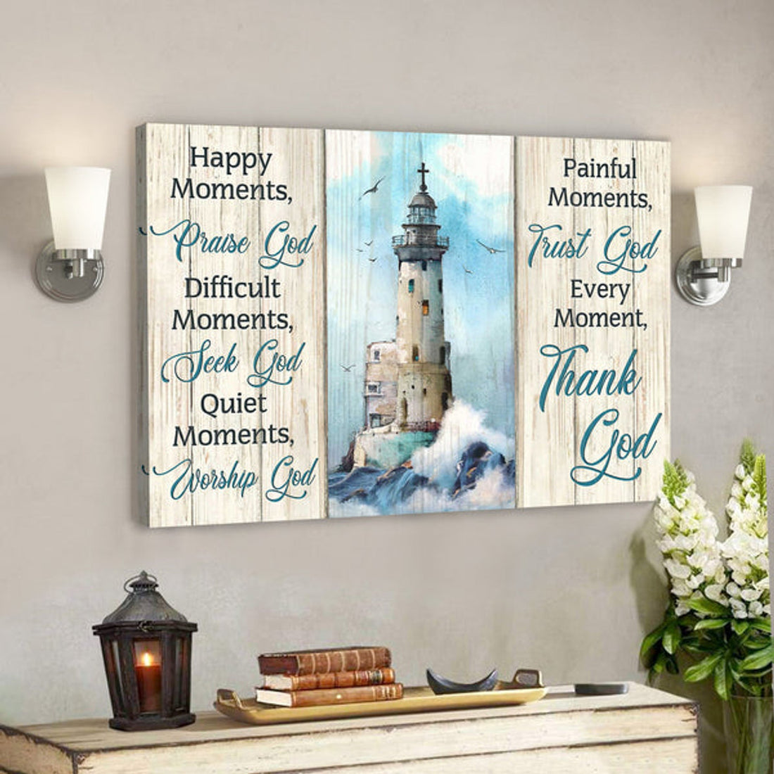 Jesus God Landscape Canvas Prints - God Wall Art - Every Moment, Thank God - Christ Lighthouse 