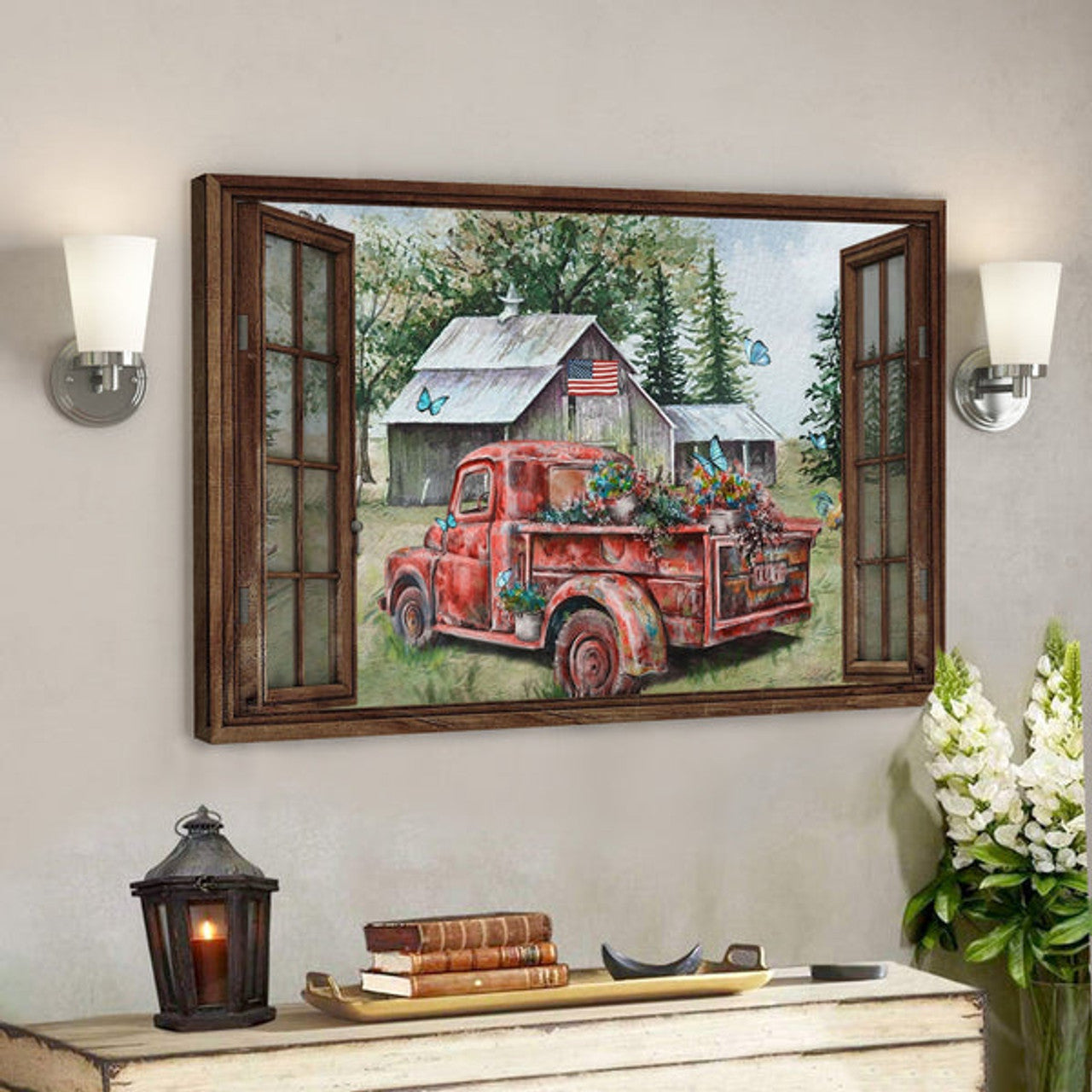 Old Red Truck On Peaceful Farm Canvas Wall Art 