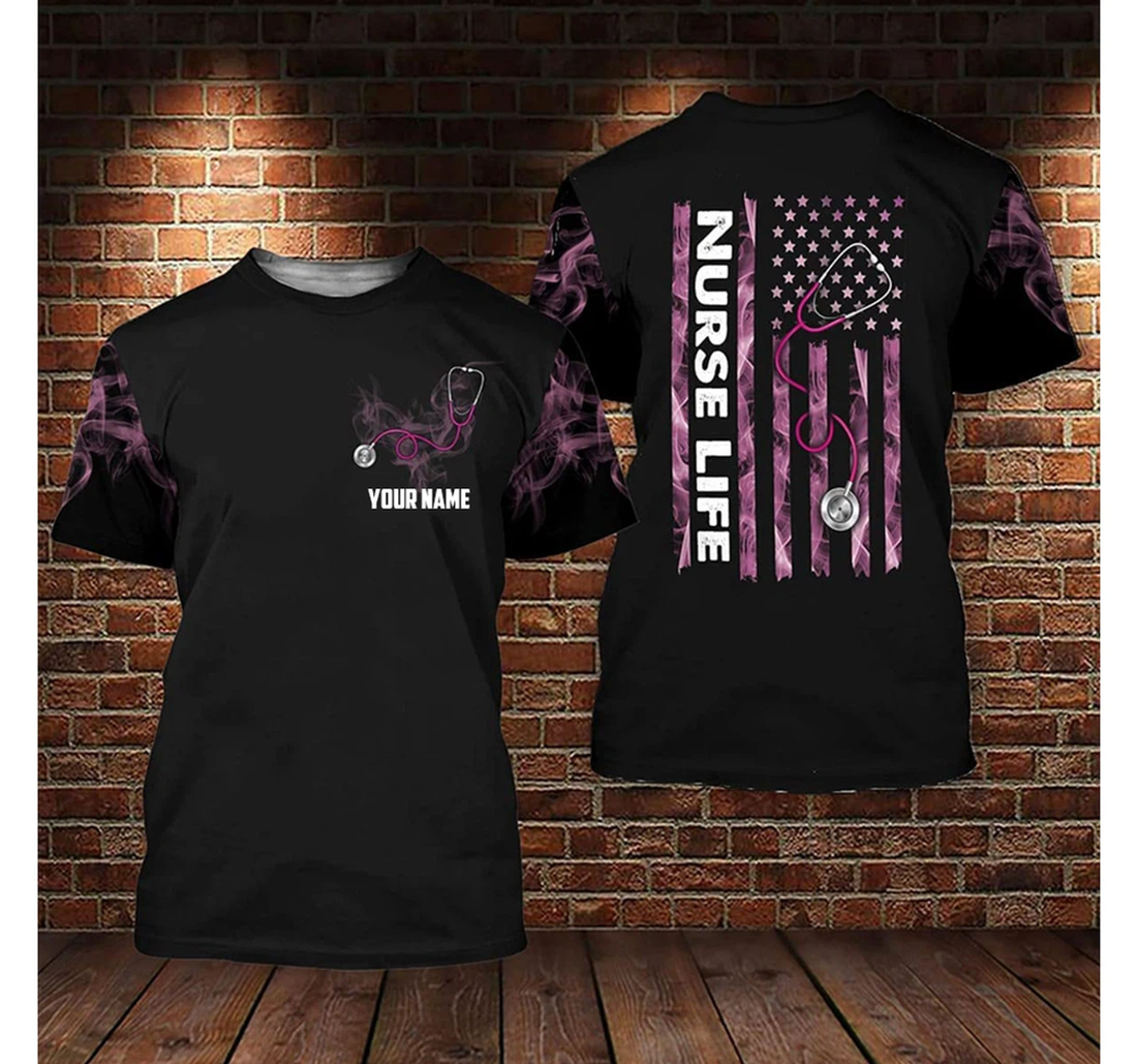 FUNSTUFFPRINT Personalized Us Nurse Life Smoke Flag 3D All Over Printed, Custom Name Nurse Shirt 3D T-shirt