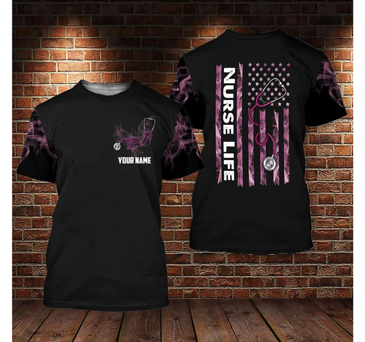 FUNSTUFFPRINT Personalized Us Nurse Life Smoke Flag 3D All Over Printed, Custom Name Nurse Shirt 3D T-shirt