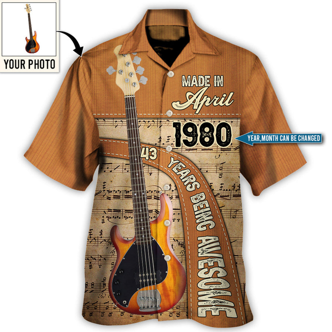 Custom Guitar Lover Years Of Being Awesome Custom Photo Personalized - Hawaiian Shirt - Personalized Photo Gifts, Custom Photo Gifts, Personalized Gifts Ideas
