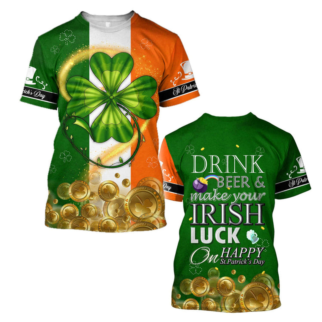 FUNSTUFFPRINT Shamrock Gold Coin Drink Beer 3D Shirt, St Patrick's Day Shirt, Irish Shirt, Lucky Shirt, Drinking Shirts, Let's Day Drink 3D T-shirt