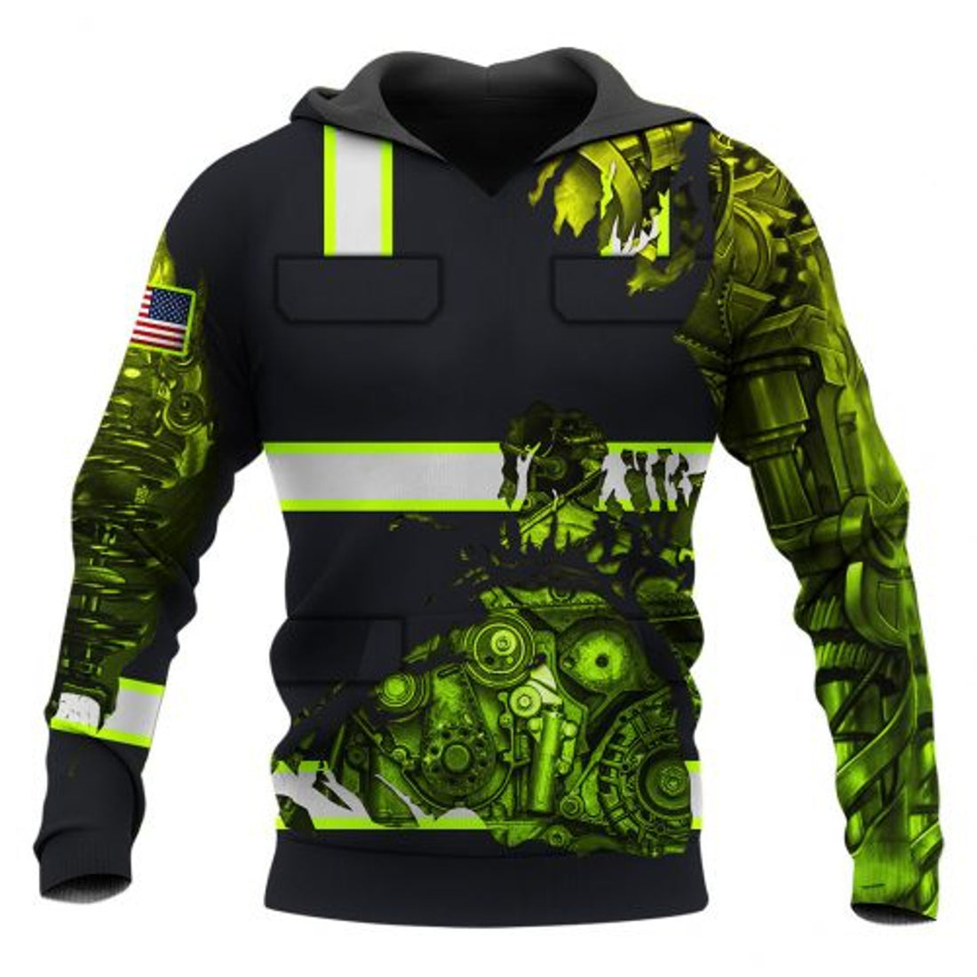 FUNSTUFFPRINT Personalized Mechanic Tattoo 3D Hoodie For Men Green And Black 3D Hoodie and Zip Hoodie