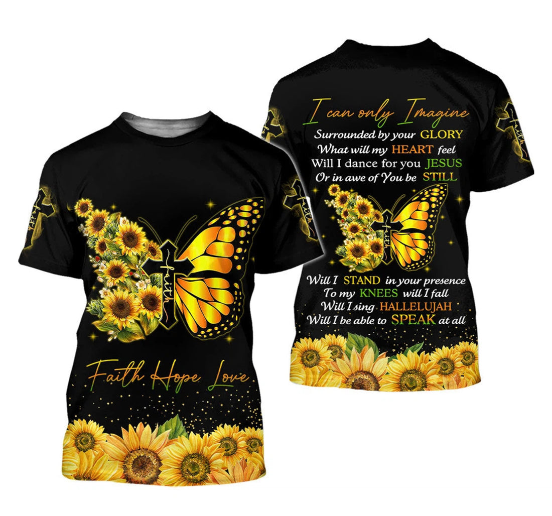 FUNSTUFFPRINT Personalized Faith Christian Butterfly Cross Jesus Sunflower Faith Over Fear Jesus Jesus Christian - 3D Printed T-shirt