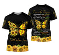 FUNSTUFFPRINT Personalized Faith Christian Butterfly Cross Jesus Sunflower Faith Over Fear Jesus Jesus Christian - 3D Printed T-shirt