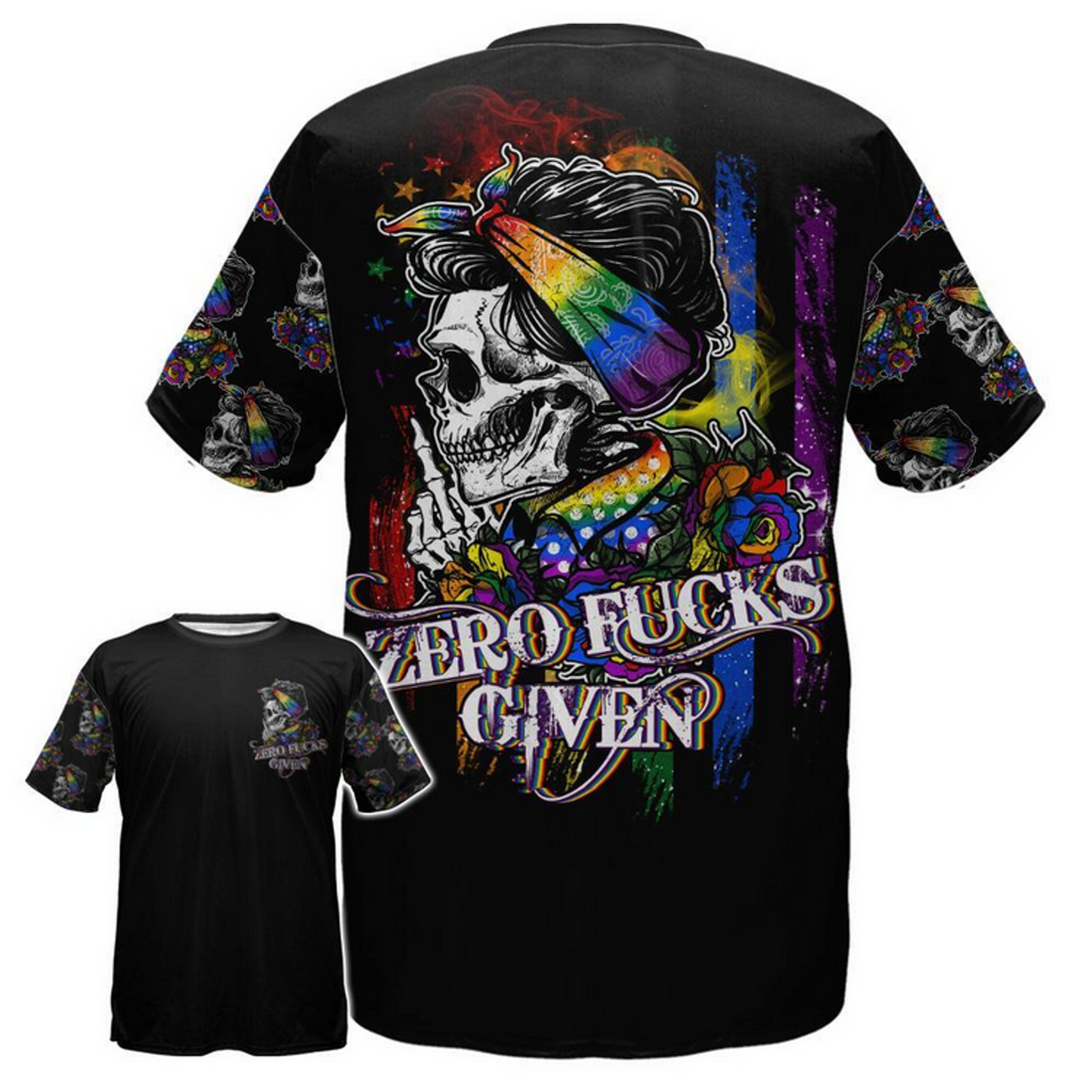 FUNSTUFFPRINT LGBT Skull Rose 3D For LGBT Pride Month, LGBT Zero Fucks Given, LGBT Gift For Her LGBT Gift For Him 3D T-shirt