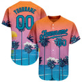 Custom Orange Teal-Navy 3D Pattern Design Sun Beach Hawaii Palm Trees Authentic Baseball Jersey