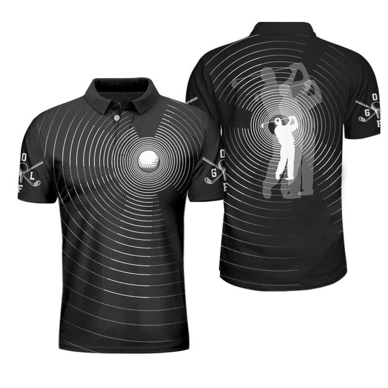 3D Effect Gold Ball And Golfer All Over Print Polo Shirt For Men, Best Golf Shirt For Men