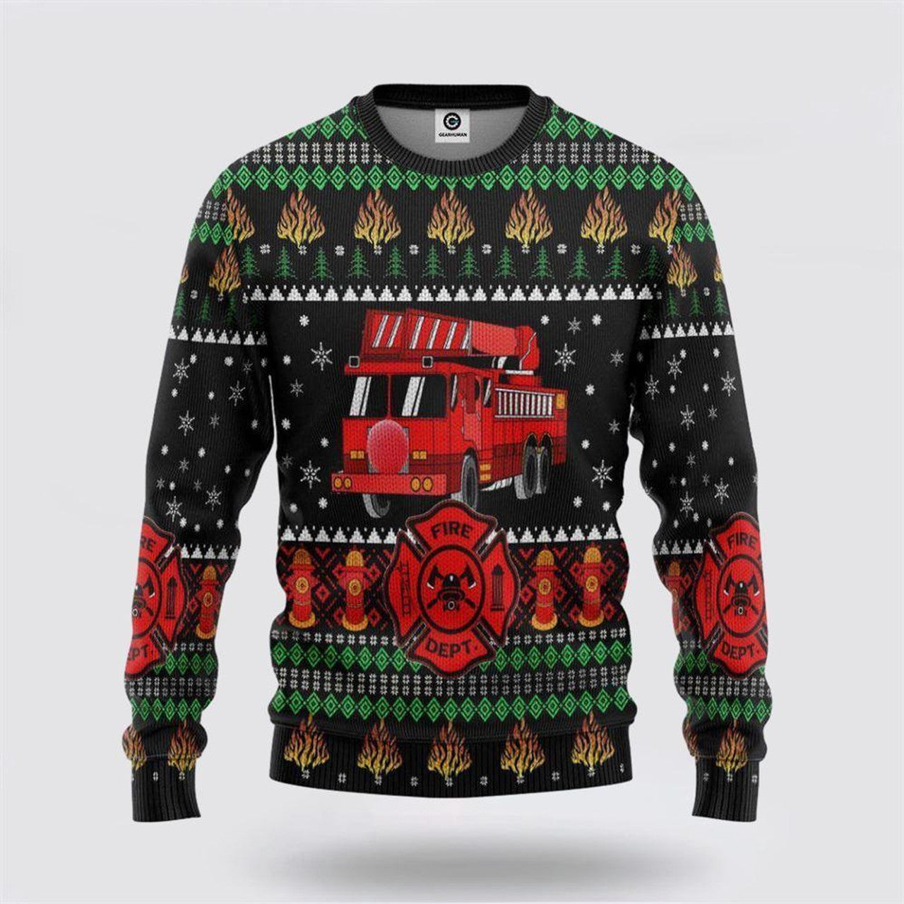 FUNSTUFFPRINT 3D Firefighter Truck Ugly Christmas Sweatshirt – Christmas Gifts For Firefighters Ugly  Sweater