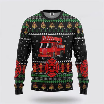 FUNSTUFFPRINT 3D Firefighter Truck Ugly Christmas Sweatshirt – Christmas Gifts For Firefighters Ugly  Sweater