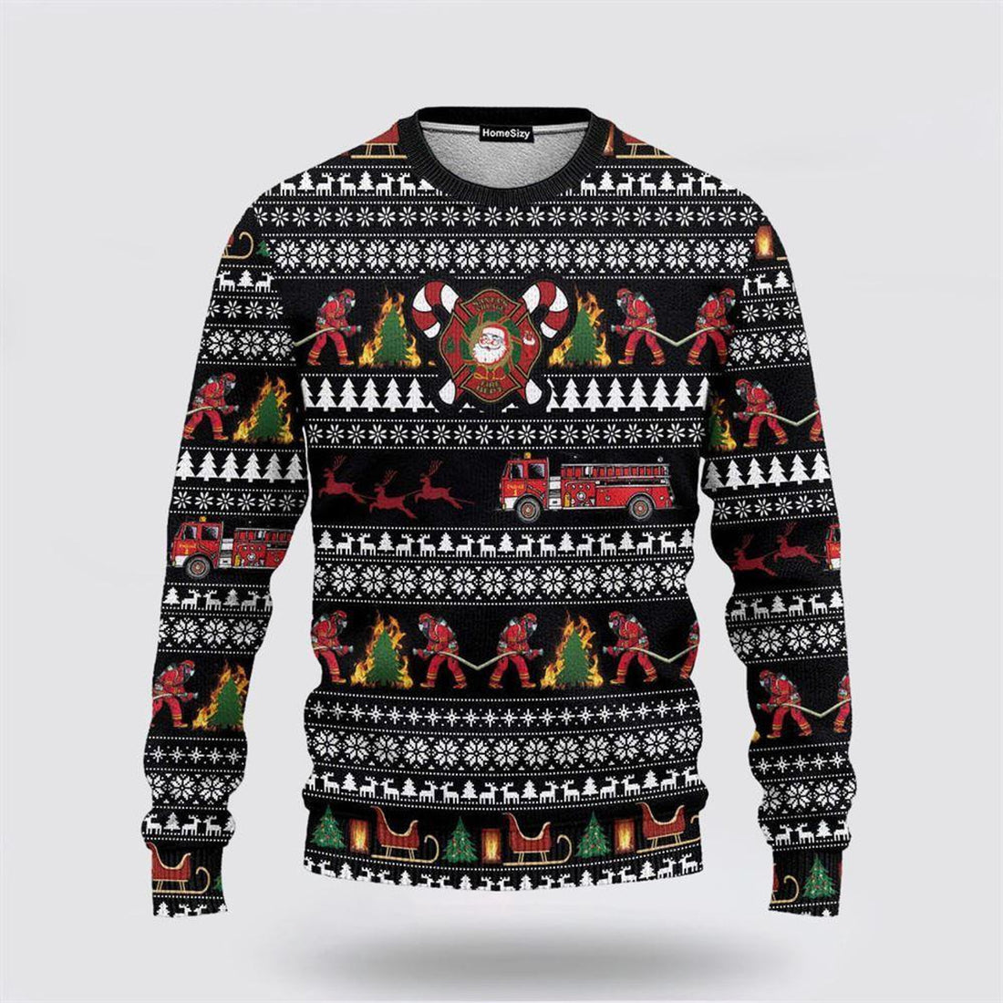 FUNSTUFFPRINT 3D Santa Village Firefighter Ugly Sweater - Christmas Gifts For Firefighters Ugly Sweater