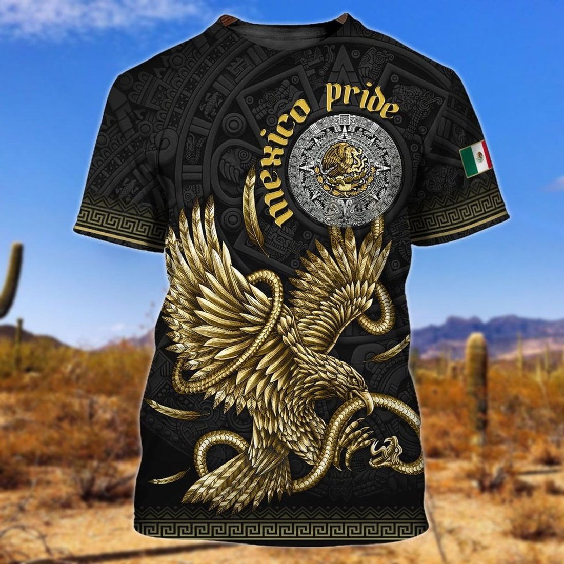 FUNSTUFFPRINT 3D Full Print Mexico Shirt, Mexico T-Shirt, Gold Eagle Pride Mexico Shirt, New Mexico 3D T-shirt