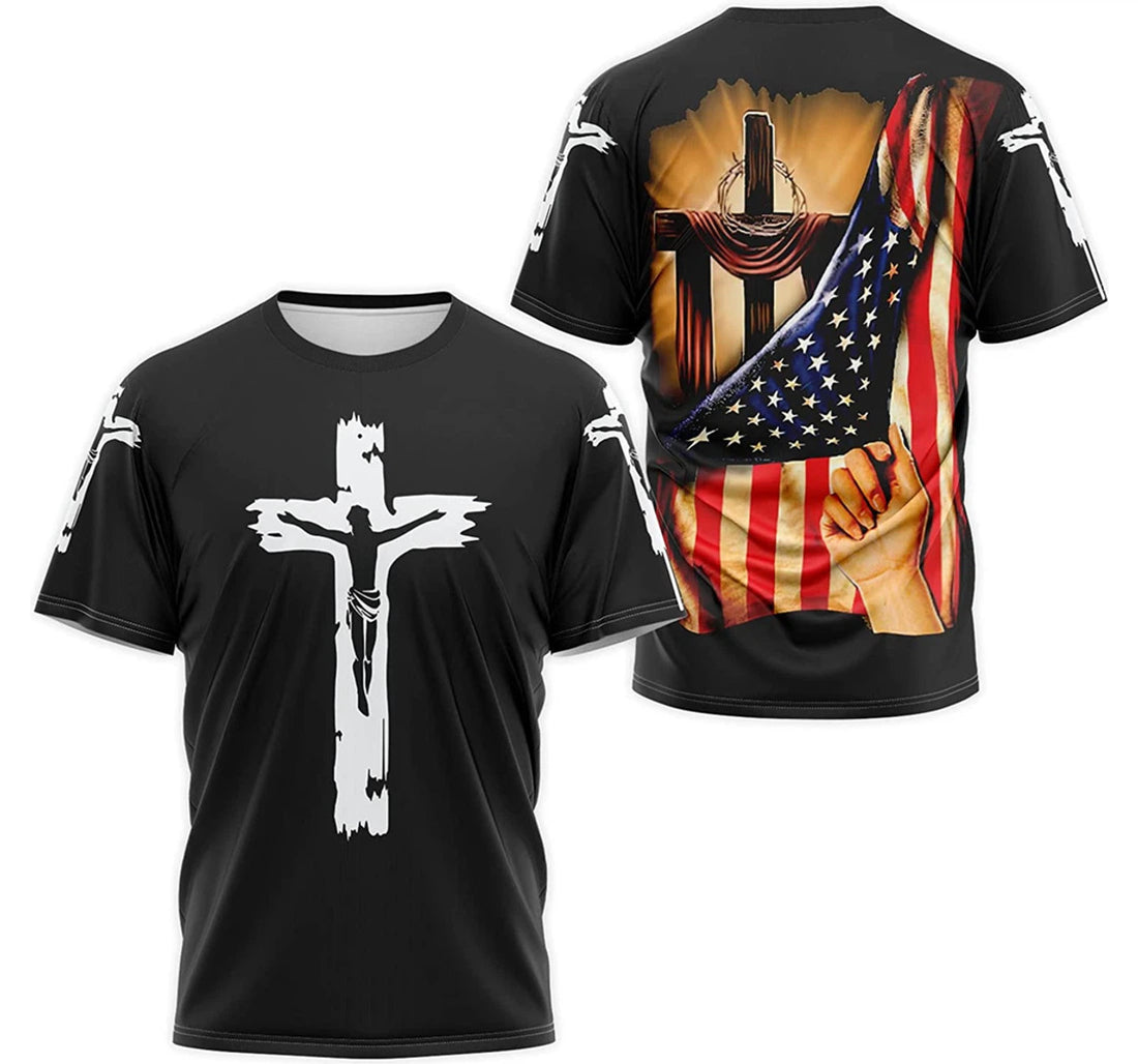 FUNSTUFFPRINT Personalized T-Shirt, Hoodie - Christian Jesus Cross American Flag 3D T-shirt