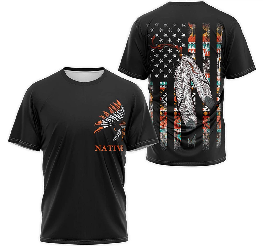 FUNSTUFFPRINT Personalized T-Shirt, Hoodie - Native American Feathers Us Flag Headdress Warbonnet 3D T-shirt