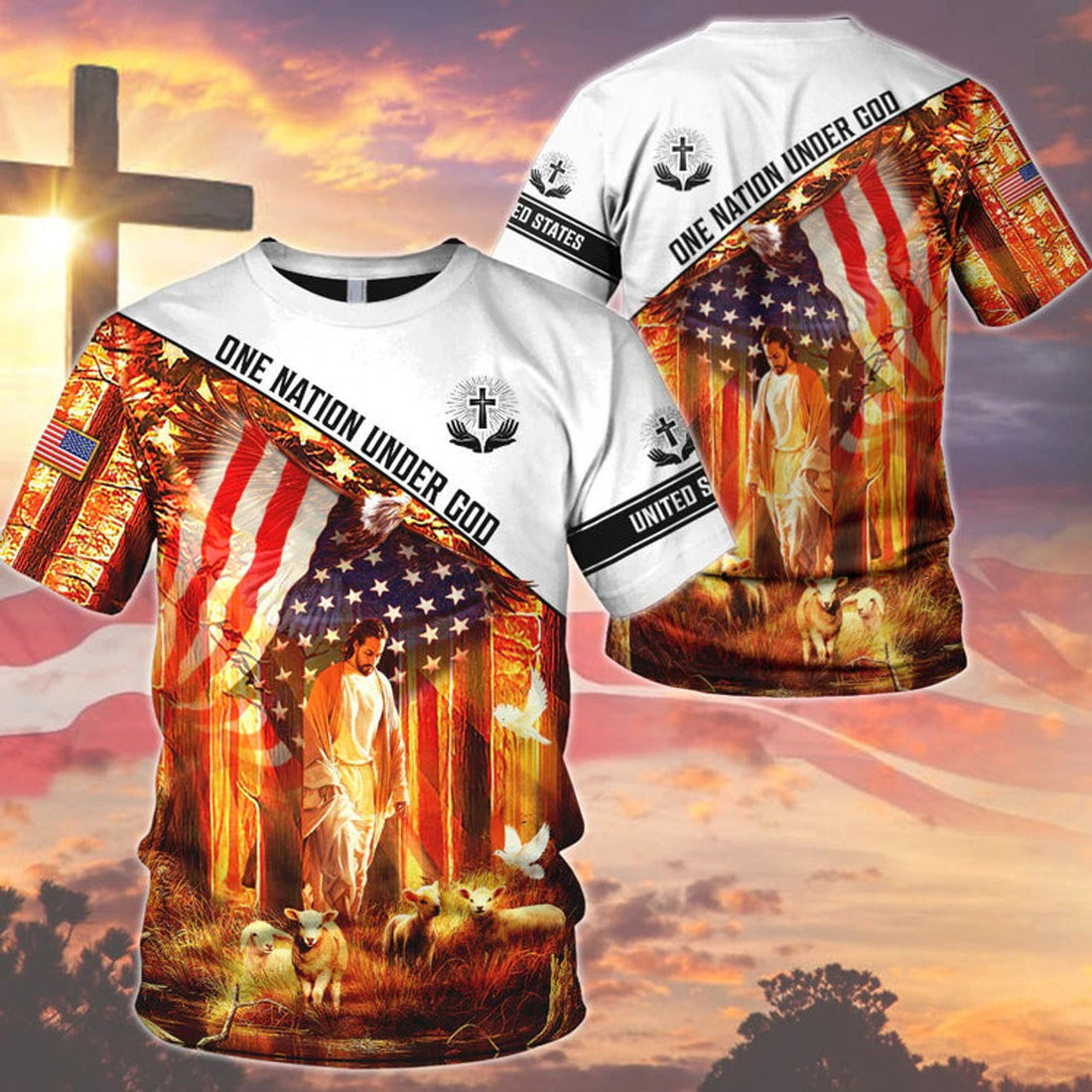 FUNSTUFFPRINT 3D Sublimation God And American Eagle Shirts, One Nation Under God, Jesus American 3D T-Shirt