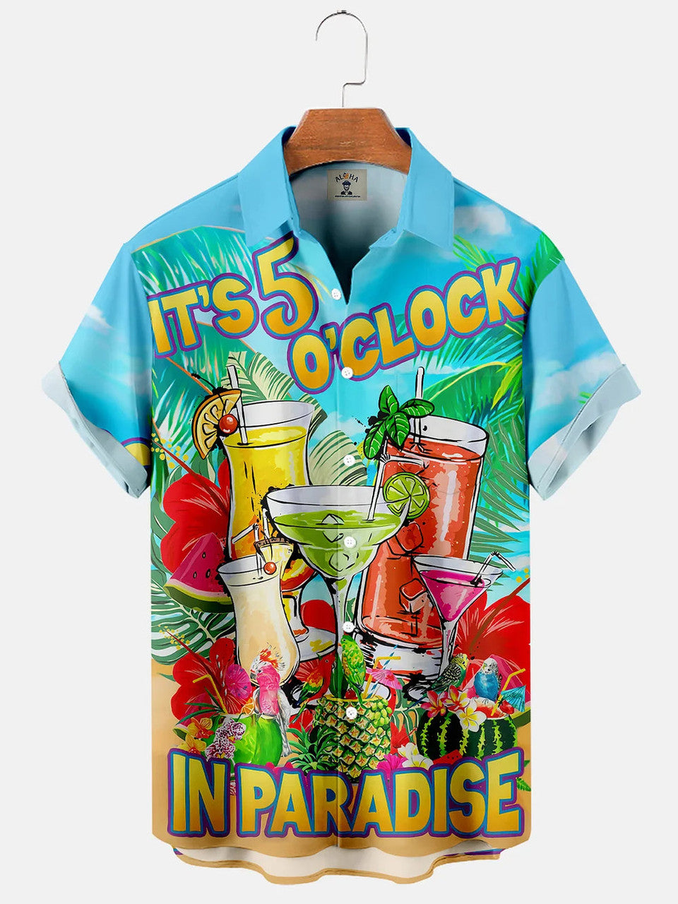 Men's Hawaiian Cocktail Glass It's 5 O'CLOCK IN PARADISE Print Short Sleeve hawaiian Shirt