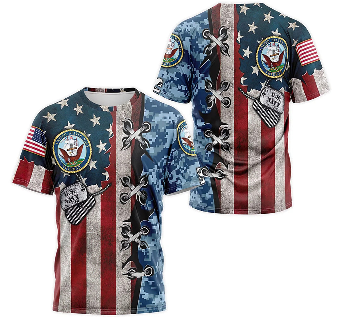 FUNSTUFFPRINT Personalized T-Shirt, Hoodie - Us Navy American Flag Blue Camo Dog Tag 3D T-shirt
