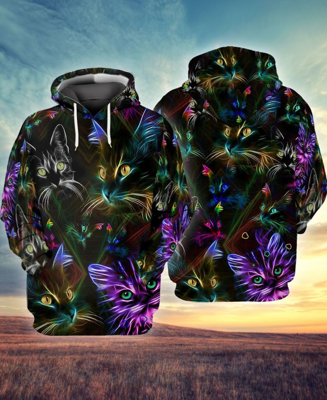 FUNSTUFFPRINT CAT NEON - 3D Full Print 3D Hoodie and Zip Hoodie