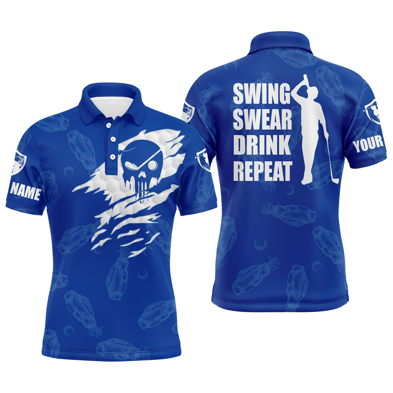 Custom Golf Men Polo Shirts, Swing Swear Drink Repeat, Custom Name Golf Clubs Pattern Blue Apparel - Personalized Gift For Men, Husband, Boyfriend, Lovers