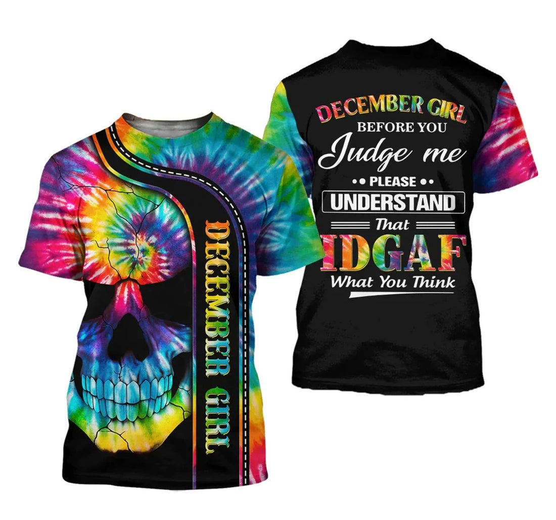 FUNSTUFFPRINT Personalized December Girl Skull Tie Dye December Birthday Her - 3D Printed T-shirt