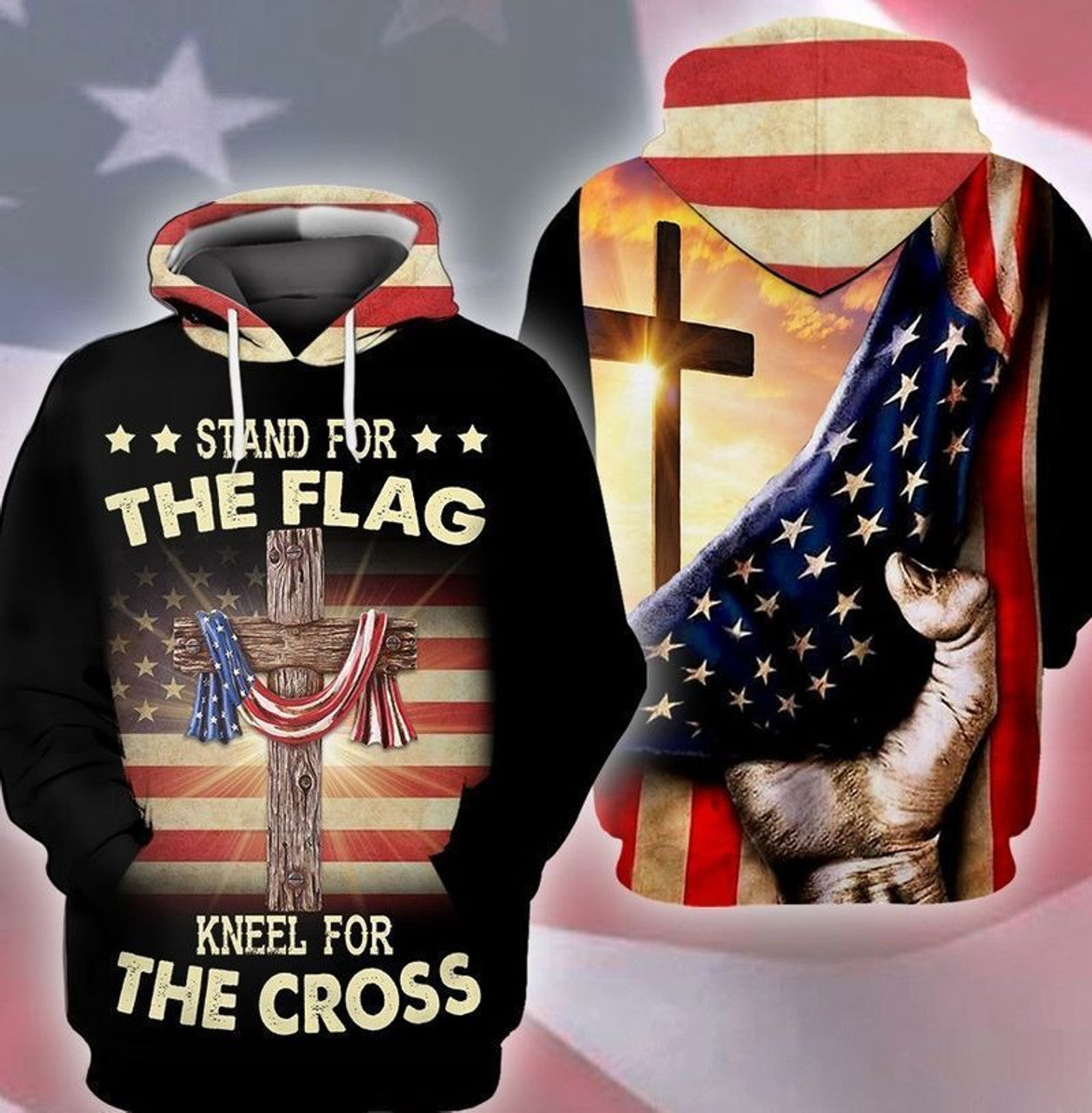 FUNSTUFFPRINT 4th Of July Independence America Stand The Flag Kneel For The Cross 3D Hoodie and Zip Hoodie