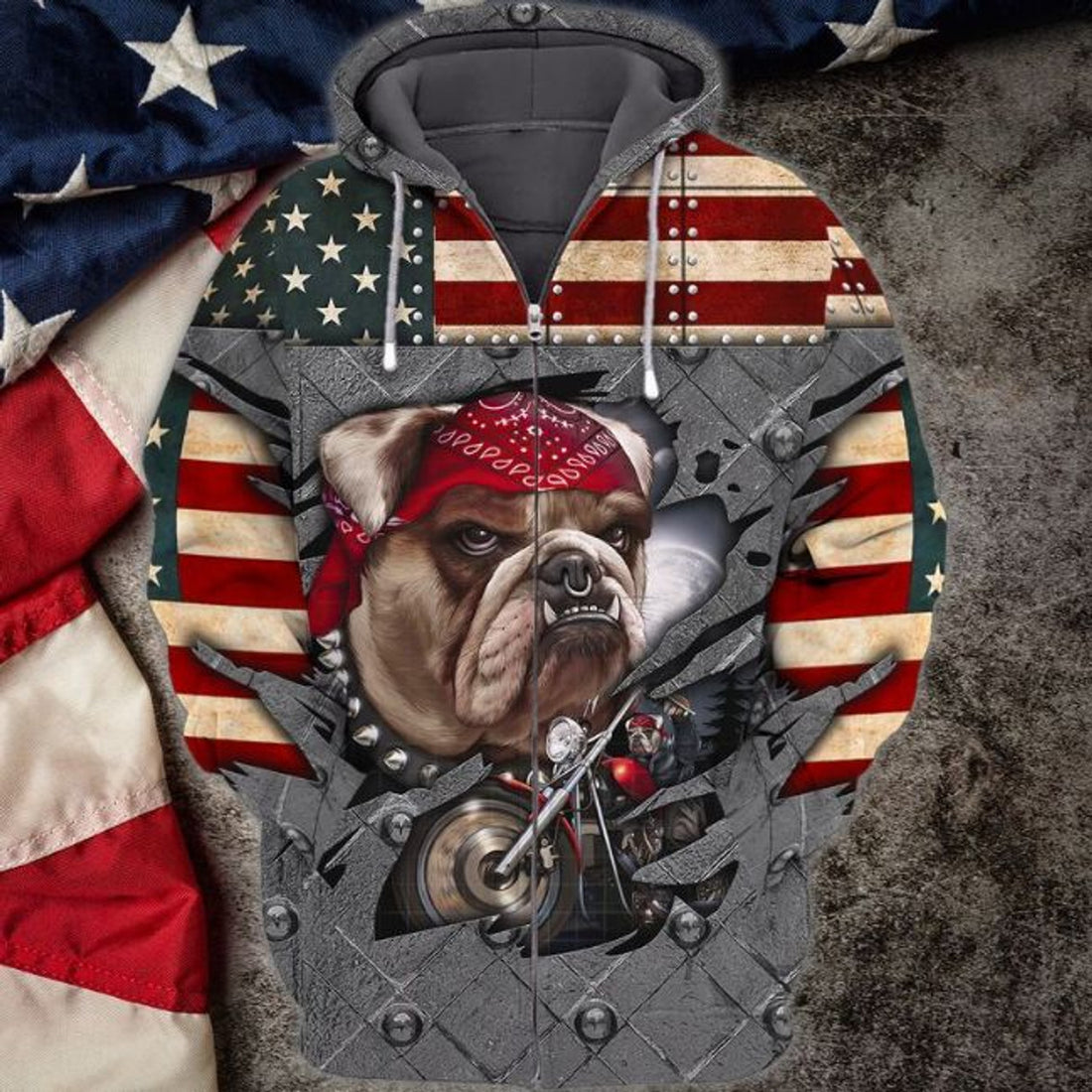 FUNSTUFFPRINT 4th Of July Independence American Flag Day Bull Biker Gift 3D Hoodie and Zip Hoodie