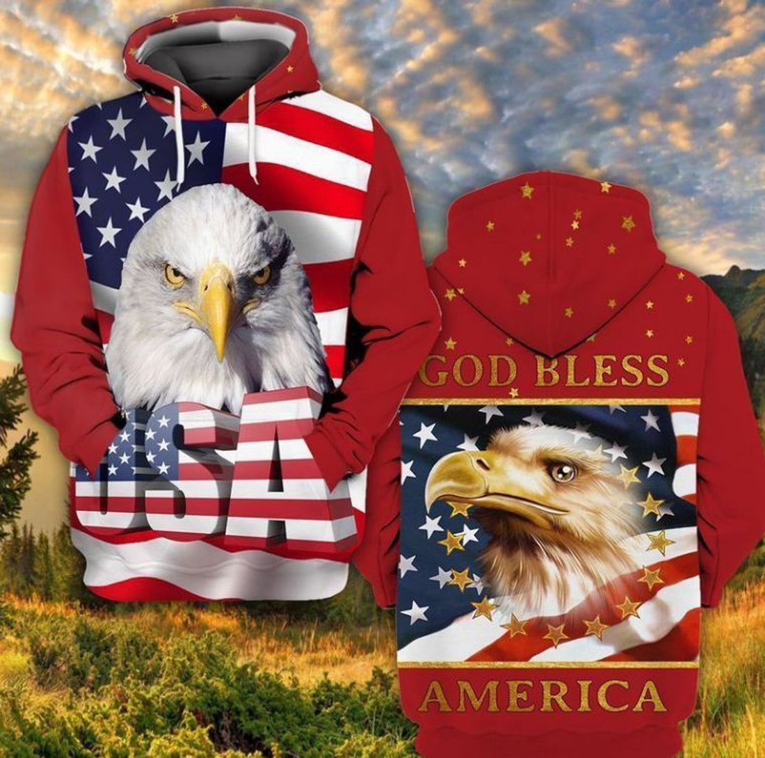 FUNSTUFFPRINT 4th Of July Independence Day American Eagle God Bless 3D Hoodie and Zip Hoodie