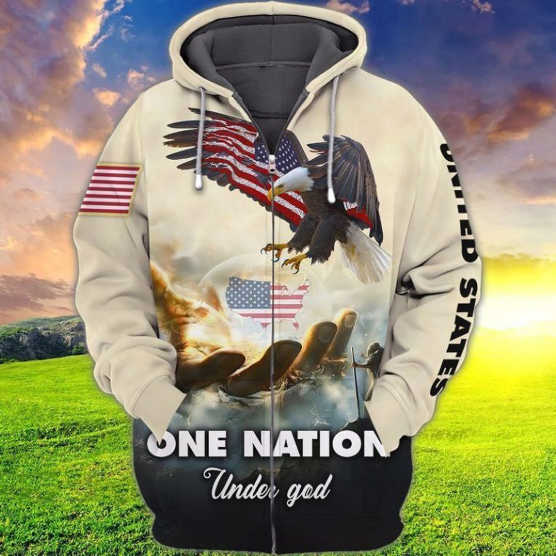 FUNSTUFFPRINT 4th Of July Independence Day American Eagle One Nation Under God 3D Hoodie and Zip Hoodie